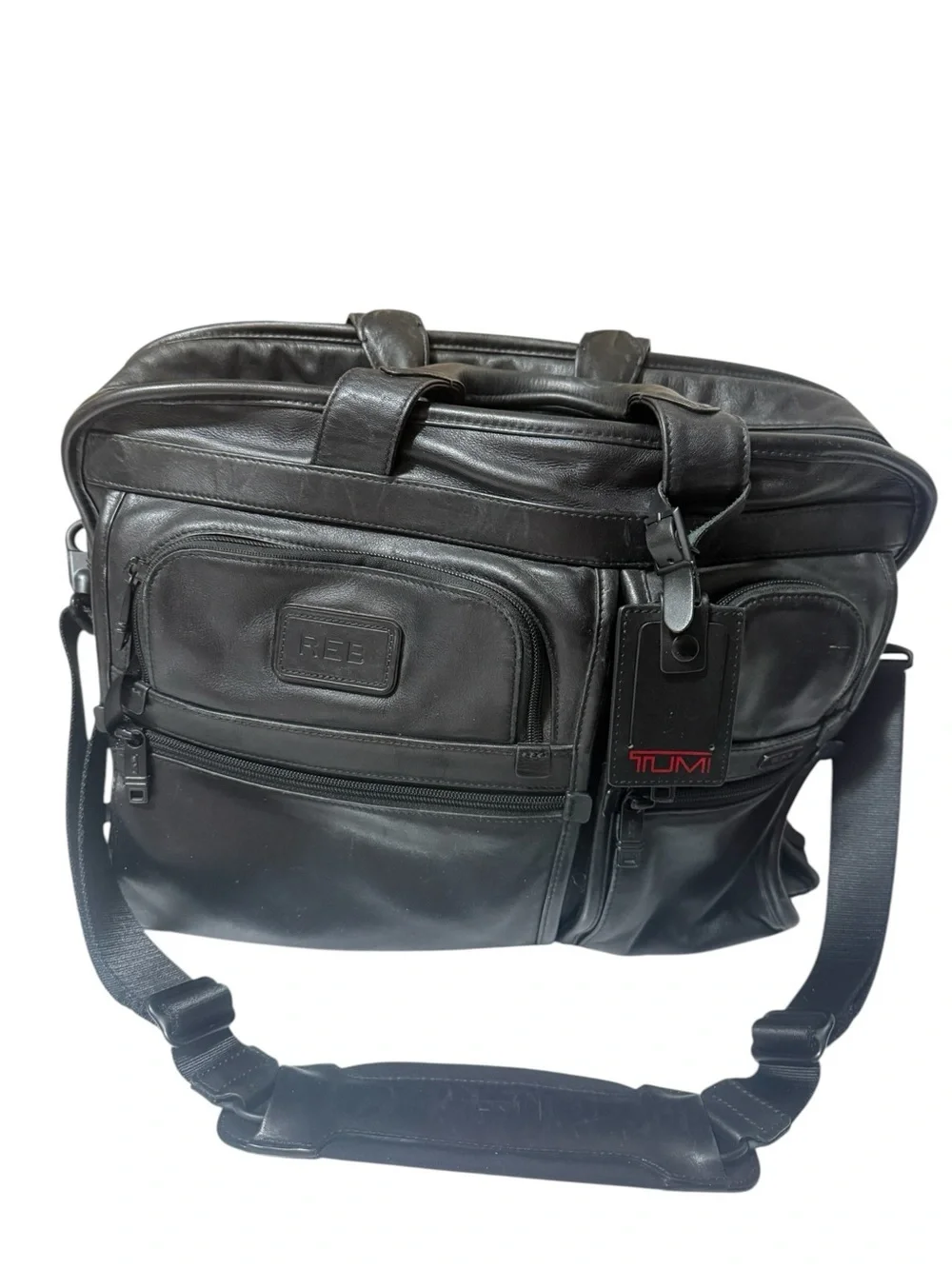Tumi Black Leather Laptop Briefcase with Shoulder Strap